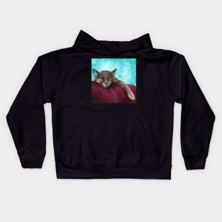 Painting of a Gray Cat Sleeping on a Red Couch on Blue Background Kids Hoodie